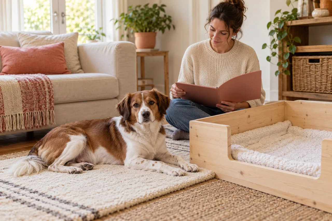 An owner preparing a clean whelping area while a dog rests nearby