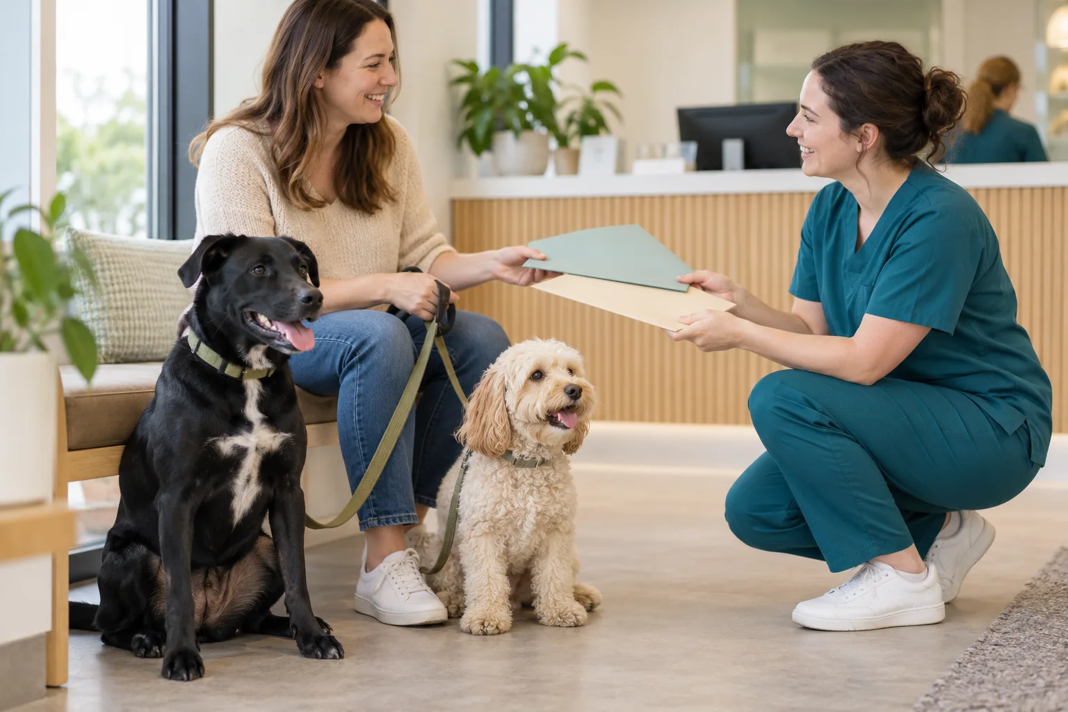 An owner discussing two dogs’ care with a veterinary professional